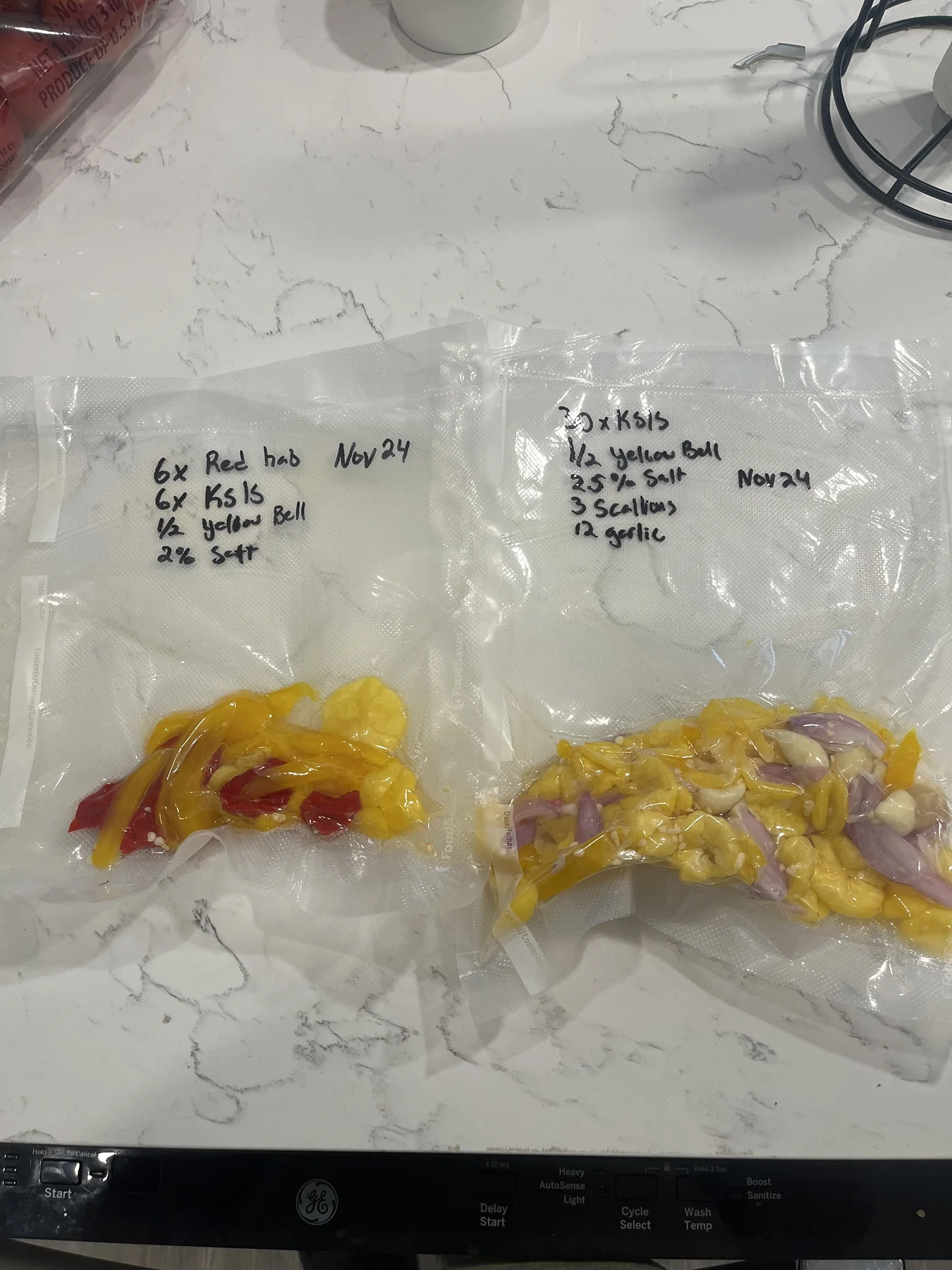 Ingredients fermenting in a vacuum-sealed bag for homemade hot sauce