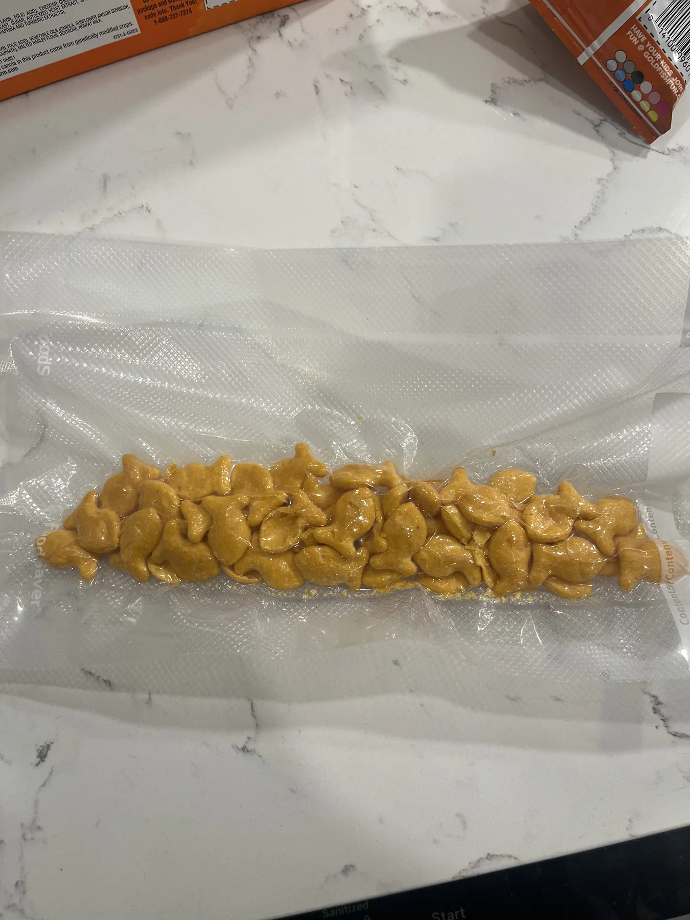 Goldfish crackers vacuum-sealed while testing a new vacuum sealer