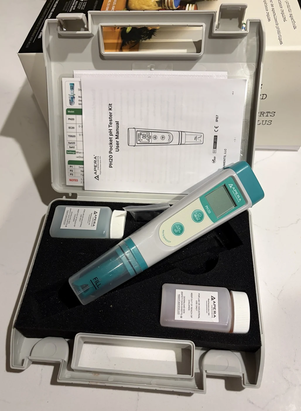 Apera PH20 digital pH meter kit used to check finished hot sauces